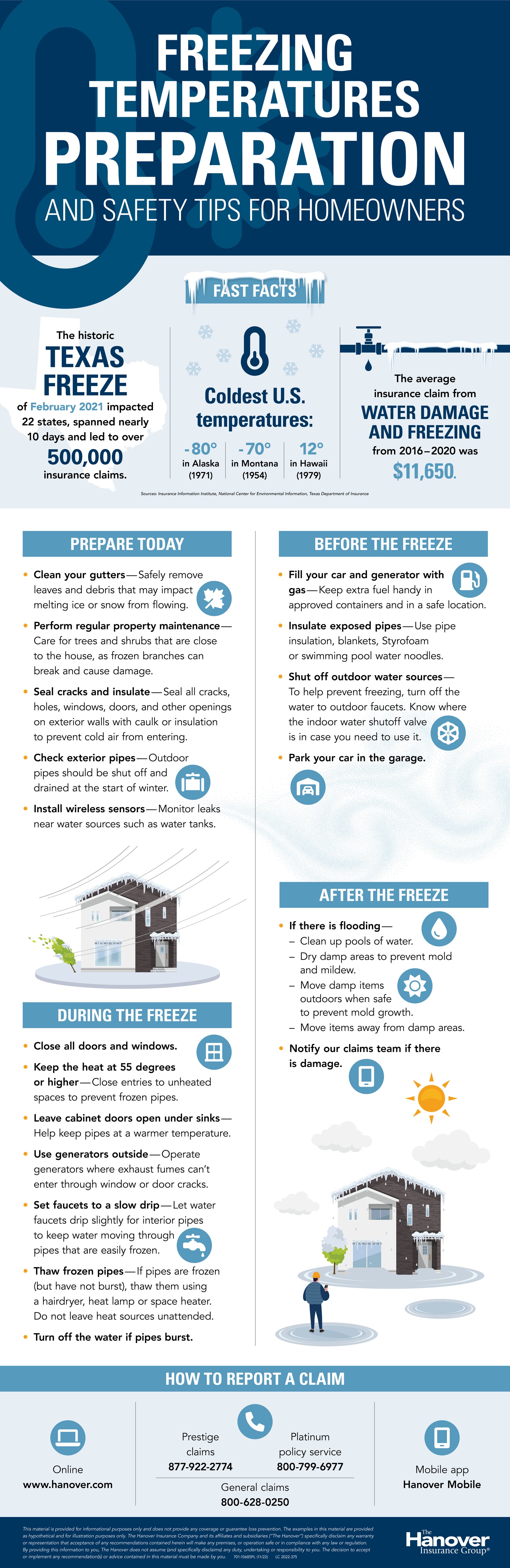 Infographic with homeowner tips for what to do before, during and after freezing temperatures.