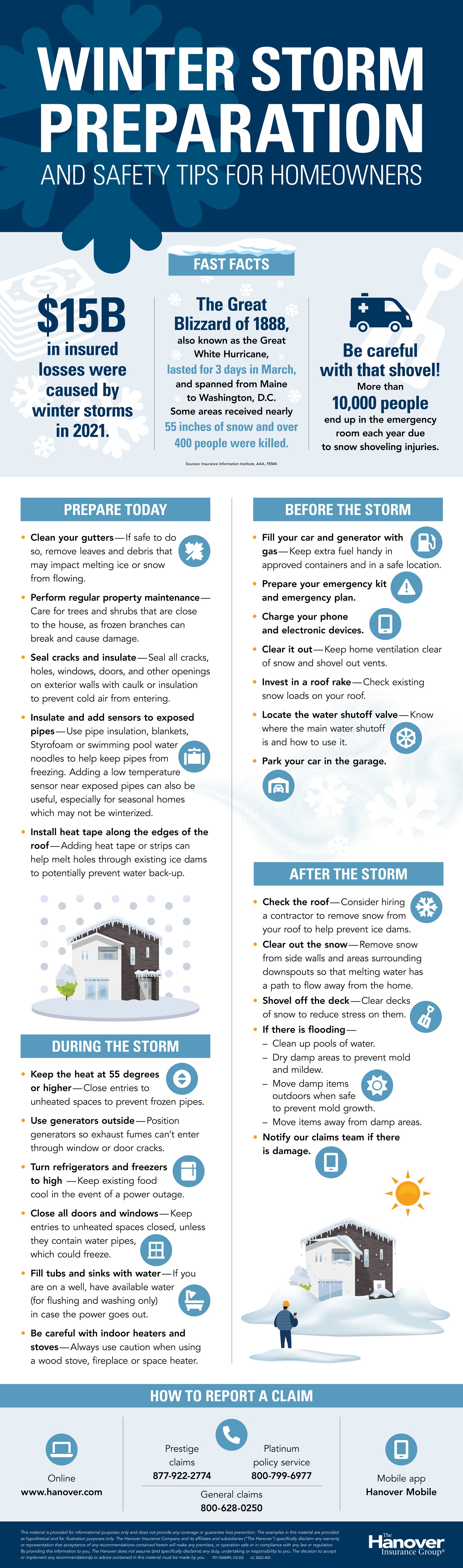 Infographic with homeowner tips for what to do before, during and after a winter storm.