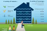 Infographic depicting reasons for water backup coverage; graphic of home filled with water, potential reasons, and cost amounts
